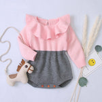 Baby Girl Contrast Graphic Ruffle Neck Design Long Sleeve Knitted Onesies