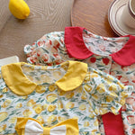 Baby Girl Floral Print Bow Tie Decoration Neck Buttoned Design Doll-Neck Onesies