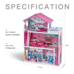 Wooden Dollhouse with Furniture 4-Rooms; with 18 pcs Furniture &amp; Accessories