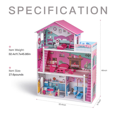 Wooden Dollhouse with Furniture 4-Rooms; with 18 pcs Furniture &amp; Accessories