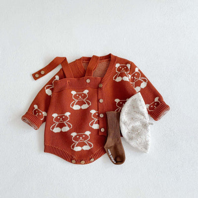 Baby Girl Cartoon Bear Embroidered Graphic Knitted Sleeveless Bodysuit & Cardigan 1-Pieces Sets