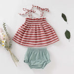 Baby Girl Striped Pattern Belted Sling Tops Combo Solid Green Shorts Sets