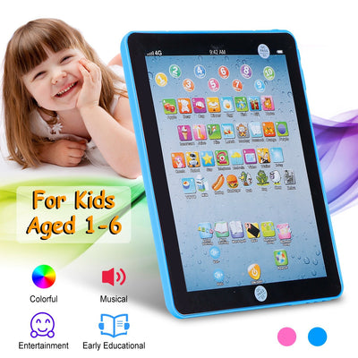 Children's tablet with colorful app icons and a smiling child in the background