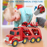 Fire Truck Car Toys Set;  Friction Powered Car Carrier Trailer with Sound and Light;  Play Vehicle Set for Kids Toddlers Boys Child Gift Age 3 4 5 6 7 Years Old;  2 Rescue Car;  Helicopter;  Plane