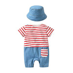Baby Striped Graphic Cartoon Bear Patched Bow Tie False 1-Pieces Strap Jumpsuit