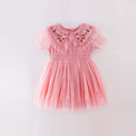 Baby Girl Flower Embroidered Lapel Mesh Overlay Waist Princess Dress
