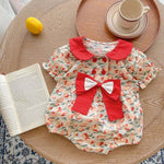 Baby Girl Floral Print Bow Tie Decoration Neck Buttoned Design Doll-Neck Onesies