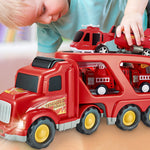 Fire Truck Car Toys Set;  Friction Powered Car Carrier Trailer with Sound and Light;  Play Vehicle Set for Kids Toddlers Boys Child Gift Age 3 4 5 6 7 Years Old;  2 Rescue Car;  Helicopter;  Plane