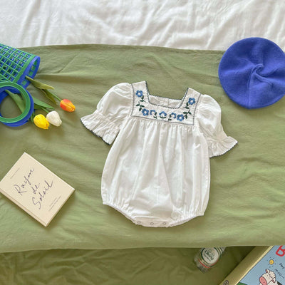 Baby Girl Floral Square Collar Pop Short-Sleeved Onesies
