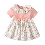Kids Floral Graphic Contrast Design Ruffle Neck Bow Tie Dress In Summer