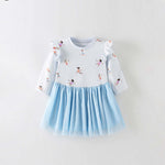 Baby Girl Elk Print Pattern Mesh Patchwork Design Long Sleeve Princess Dress