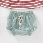 Baby Girl Striped Pattern Belted Sling Tops Combo Solid Green Shorts Sets