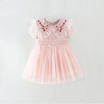 Baby Girl Flower Embroidered Lapel Mesh Overlay Waist Princess Dress
