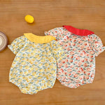 Baby Girl Floral Print Bow Tie Decoration Neck Buttoned Design Doll-Neck Onesies