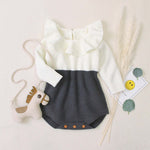 Baby Girl Contrast Graphic Ruffle Neck Design Long Sleeve Knitted Onesies