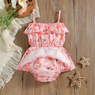 Baby Girl Flower Graphic Ruffle Design Sling Onesies Dress