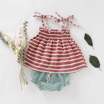 Baby Girl Striped Pattern Belted Sling Tops Combo Solid Green Shorts Sets