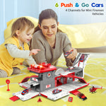 Fire Station Truck Toys with Sound and Light;  Car Toy for Kids 3 4 5 6 Year Old;  6 Mini Cars;  Helicopter;  Road Signs;  Birthday for Boys