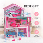 Wooden Dollhouse with Furniture 4-Rooms; with 18 pcs Furniture &amp; Accessories