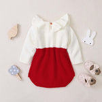 Baby Girl Contrast Graphic Ruffle Neck Design Long Sleeve Knitted Onesies