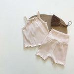 Baby Girl Ribbed Knit Lettuce Trim Design Sling Tops & Shorts Sets Pajama