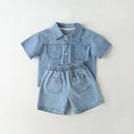 Baby Solid Color Butoon Front Denim Shirt Combo Shorts Sets In Summer
