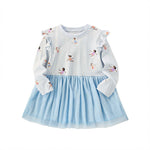 Baby Girl Elk Print Pattern Mesh Patchwork Design Long Sleeve Princess Dress