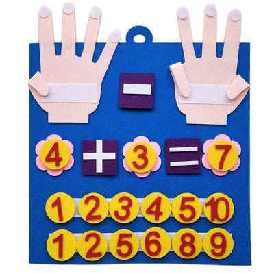 Educational children's board with number and symbol stickers on a blue background