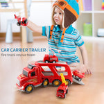 Fire Truck Car Toys Set;  Friction Powered Car Carrier Trailer with Sound and Light;  Play Vehicle Set for Kids Toddlers Boys Child Gift Age 3 4 5 6 7 Years Old;  2 Rescue Car;  Helicopter;  Plane