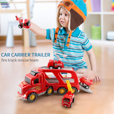 Fire Truck Car Toys Set;  Friction Powered Car Carrier Trailer with Sound and Light;  Play Vehicle Set for Kids Toddlers Boys Child Gift Age 3 4 5 6 7 Years Old;  2 Rescue Car;  Helicopter;  Plane