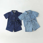 Baby Solid Color Butoon Front Denim Shirt Combo Shorts Sets In Summer