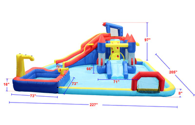 7 in1 Inflatable slide water park trampoline bouncing house yard garden with splash pool & water gun & basketball & climbing wall & dual pools & soccer